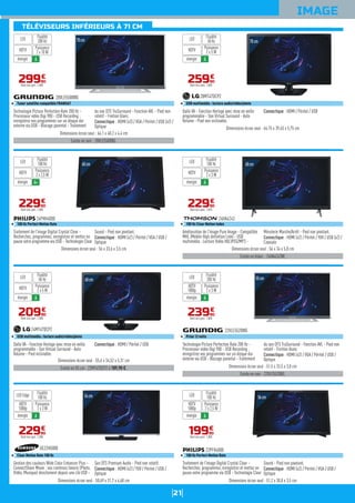 21
TÉLÉVISEURS INFÉRIEURS À 71 CM
IMAGE
70cm
Existe en noir : 28VLE5500BG.
Technologie Picture Perfection Rate 200 Hz -
Processeur vidéo Digi 900 - USB Recording :
enregistrez vos programmes sur un disque dur
externe via USB - Blocage parental - Traitement
du son DTS TruSurround - Fonction AVL - Pied non
rotatif - Finition blanc.
Connectique : HDMI (x3) / VGA / Péritel / USB (x2) /
Optique
28VLE5500WG
Tuner satellite compatible FRANSAT
Dimensions écran seul : 64,1 x 40,2 x 4,4 cm
29990
€
Dont éco-part. 1,00€
LED
énergie A
HDTV Puissance
2 x 10 W
Fluidité
200 Hz
60cm
Traitement de l'image Digital Crystal Clear -
Recherchez, programmez, enregistrez et mettez en
pause votre programme via USB - Technologie Clear
Sound - Pied non pivotant.
Connectique : HDMI (x2) / Péritel / VGA / USB /
Optique
24PHH4000
100 Hz Perfect Motion Rate
Dimensions écran seul : 56 x 33,6 x 3,5 cm
22990
€
Dont éco-part. 1,00€
LED
énergie A+
HDTV Puissance
2 x 2,5 W
Fluidité
100 Hz
60cm
Existe en 55 cm : 22MT47DCPZ à 189,90 €.
Dalle VA - Fonction Horloge avec mise en veille
programmable - Son Virtual Surround - Auto
Volume - Pied inclinable.
Connectique : HDMI / Péritel / USB
24MT47DCPZ
USB multimédia : lecture audio/vidéo/photo
Dimensions écran seul : 55,6 x 34,52 x 5,31 cm
20990
€
Dont éco-part. 1,00€
Puissance
2 x 5 W
LED
énergie A
HDTV
Fluidité
50 Hz
54cm
Gestion des couleurs Wide Color Enhancer Plus -
ConnectShare Movie : vos contenus favoris (Photo,
Vidéo, Musique) directement depuis une clé USB -
Son DTS Premium Audio - Pied non rotatif.
Connectique : HDMI (x2) / YUV / Péritel / USB /
Optique
UE22H5000
Clear Motion Rate 100 Hz
Dimensions écran seul : 50,69 x 31,7 x 4,68 cm
22990
€
Dont éco-part. 1,00€
LED Edge
énergie A
HDTV
1080p
70cm
Dalle VA - Fonction Horloge avec mise en veille
programmable - Son Virtual Surround - Auto
Volume - Pied non inclinable.
Connectique : HDMI / Péritel / USB
28MT47DCPZ
USB multimédia : lecture audio/vidéo/photo
Dimensions écran seul : 64,15 x 39,63 x 5,75 cm
25990
€
Dont éco-part. 1,00€
LED
énergie A
HDTV Puissance
2 x 5 W
Fluidité
50 Hz
60cm
Existe en blanc : 24HA4243W.
Amélioration de l'image Pure Image - Compatible
MHL (Mobile High definition Link) - USB
multimédia : Lecture Vidéo HD/JPEG/MP3 -
Minuterie Marche/Arrêt - Pied non pivotant.
Connectique : HDMI (x2) / Péritel / YUV / USB (x2) /
Coaxiale
24HA4243
100 Hz Clear Motion Index
Dimensions écran seul : 56 x 34 x 5,8 cm
22990
€
Dont éco-part. 1,01€
Puissance
2 x 3 W
LED
énergie A
HDTV
Fluidité
100 Hz
55cm
Existe en noir : 22VLE5520BG.
Technologie Picture Perfection Rate 200 Hz -
Processeur vidéo Digi 900 - USB Recording :
enregistrez vos programmes sur un disque dur
externe via USB - Blocage parental - Traitement
du son DTS TruSurround - Fonction AVL - Pied non
rotatif - Finition blanc
Connectique : HDMI (x2) / VGA / Péritel / USB /
Optique
22VLE5520WG
Prise 12 volts
Dimensions écran seul : 51,5 x 33,5 x 3,8 cm
23990
€
Dont éco-part. 1,00€
Puissance
2 x 3 W
LED
énergie A
HDTV
1080p
Fluidité
200 Hz
56cm
Traitement de l'image Digital Crystal Clear -
Recherchez, programmez, enregistrez et mettez en
pause votre programme via USB - Technologie Clear
Sound - Pied non pivotant.
Connectique : HDMI (x2) / Péritel / VGA / USB /
Optique
22PFH4000
100 Hz Perfect Motion Rate
Dimensions écran seul : 51,2 x 30,8 x 3,5 cm
19990
€
Dont éco-part. 1,00€
Puissance
2 x 2,5 W
LED
énergie A
HDTV
1080p
Fluidité
100 Hz
Puissance
2 x 3 W
Fluidité
100 Hz
 