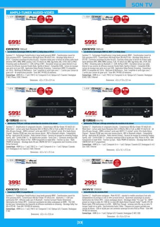 33
SON TV
Système 7.2 - Technologie d'amplification à large bande passante WRAT - Transformateur massif de
forte puissance HCPS - Convertisseurs N/A Asahi Kasei 384 kHz/32 bits - Décodage Dolby Atmos et
DTS:X - Correcteur acoustique de pièce AccuEQ - Fonctions réseau pour la lecture de fichiers audio haute
définition (MP3, WMA, WMA Lossless, FLAC 192 kHz/24 bit, WAV, Ogg Vorbis, AAC, LPCM, DSD 5,6 MHz) -
Streaming audio via Bluetooth 2.1 +EDR, AirPlay et WiFi - Inscription incluse aux radios Internet et aux
services de diffusion musicale (TuneIn Radio, Spotify et Deezer) - Compatible DLNA - Lecture de musique
sans perte via le port USB - Application Onkyo Remote Streaming - Connecteurs HDMI 2.0 compatible
4K / 60 Hz - Multiroom & Multisource : Zone 2 amplifiée et sortie ligne zone 2 - 2 sorties pour caisson de
grave actif - Bi-amplification possible - Tuner AM / FM RDS 40 mémoires.
Connectique : HDMI (8 in + 2 out) / YUV (2 in) / Composite (3 in) / Optique (x2) / Coaxiale / Analogique
(7 AV) / Phono / USB / Ethernet
TXNR646B
Les dernières technologies HDMI 4K, HDCP 2.2, Dolby Atmos et DTS:X
Dimensions : 43,5 x 17,35 x 32,9 cm
69990
€
Dont éco-part. 1,01€
Système 7.2 - Amplification et composants discrets - Convertisseurs N/A Burr Brown 192 kHz/24 bit -
Mode Direct - Lecture audio Haute Résolution DSD 2,8 MHz/5,6 MHZ et FLAC ou WAV 192 kHz/24 bit - 4K
Ultra HD pass-through - HDMI 6 entrées/1 sortie avec HDCP2.2 (1 entrée/1 sortie), 3D et Audio Return
Channel - Boutons SCENE avec mise sous tension directe - WiFi et Bluetooth intégrés - Compatibilité
AirPlay - Application AV Controller - Radio internet (vTuner) - Services de musique en streaming Pandora,
Spotify, Juke - Certifié DLNA 1.5 - Bi-amplification possible - Sortie Zone 2 - Connexion numérique USB
en façade pour iPod, iPhone et iPad - HDMI transparente en mode Veille - Fonction Lip-Sync - Radio
FM/AM 40 mémoires - Décodage Audio HD avec CINEMA DSP 3D (17 programmes dont Enceintes arrière
Virtual Surround).
Connectique : HDMI (6 in + 1 out) / YUV (2 in + 1 out) / Composite (4 in + 1 out) / Optique / Coaxiale
(x2) / Analogique (4 in) / Sub (x2) / USB / Ethernet
RXV579BL
Optimisation YPAO pour calibrage automatique des enceintes et du caisson
Dimensions : 43,5 x 16,1 x 31,5 cm
59990
€
Dont éco-part. 1,01€
Système 5.1 - Technologie d'amplification à large bande passante WRAT - Transformateur massif de
forte puissance HCPS - Convertisseurs N/A Burr-Brown 192 kHz/24 bits - Bluetooth 2.1 +EDR avec
optimisation DSP - Diffusion audio sans fil Bluetooth - Fonction Surround Theater Dimensional -
Optimisation des fichiers MP3 - Conversion ascendante des vidéos analogiques en HDMI - Port USB
(arrière) pour l'alimentation des dispositifs de diffusion multimédia en streaming - Décodage Dolby True
HD et DTS HD - Tuner AM / FM RDS 40 mémoires.
Connectique : HDMI (4 in + 1 out) / YUV (2 in) / Composite ( 3 in) / Optique (x2) / Coaxiale / Analogique
(7 AV)
TXSR343B
Connecteurs HDMI 2.0 compatibles 4K
Dimensions : 43,5 x 16 x 32,8 cm
39990
€
Dont éco-part. 1,01€
Système 5.1 - Amplification et composants discrets - Convertisseurs N/A Burr Brown 192 kHz/24 bit -
Mode Direct - Lecture audio Haute Résolution DSD 2,8 MHz/5,6 MHZ et FLAC ou WAV 192 kHz/24 bit - 4K
Ultra HD pass-through - HDMI 6 entrées/1 sortie avec HDCP2.2 (1 entrée/1 sortie), 3D et Audio Return
Channel - Boutons SCENE avec mise sous tension directe - WiFi et Bluetooth intégrés - Compatibilité
AirPlay - Application AV Controller - Radio internet (vTuner) - Services de musique en streaming Pandora,
Spotify, Juke - Certifié DLNA 1.5 - Connexion numérique USB en façade pour iPod, iPhone et iPad - HDMI
transparente en mode Veille - Fonction Lip-Sync - Radio FM/AM 40 mémoires - Décodage Audio HD avec
CINEMA DSP 3D (17 programmes).
Connectique : HDMI (6 in + 1 out) / Composite (4 in + 1 out) / Optique / Coaxiale (x2) / Analogique (4 in) /
Sub / USB / Ethernet
RXV479BL
Optimisation YPAO pour calibrage automatique des enceintes et du caisson
Dimensions : 43,5 x 16,1 x 31,5 cm
49990
€
Dont éco-part. 1,01€
Système 5.2 - Amplification analogique - Mode HD DCS : reproduit le modèle acoustique d'une salle
hollywoodienne de prestige et créé un effet surround vertical - Ajustement automatique du volume -
Optimisation des fichiers MP3 - Liaison analogique directe - Décodages Dolby®
Pro Logic®
IIz - HDMI®
prenant en charge la vidéo 3D, l'UHD 4K, le canal ARC (Audio Return Channel), Dolby®
TrueHD, DTS-HD
Master Audio, PCM multicanaux et le DSD - HDMI Pass Through : visionnez votre Blu-ray sur votre TV
lorsque l'ampli est en veille - Synchronisation Audio / Vidéo - Fréquence de coupure ajustable pour
caisson de basses - USB en façade pour une connexion numérique de votre iPod ou iPhone - Tuner AM/
FM RDS 60 mémoires.
Connectique : HDMI (4 in + 1 out) / Optique (x2) / Coaxiale / Analogique (2 AV) / USB
STRDH550
Autocalibration des enceintes DCAC
Dimensions : 43 x 15,6 x 32,9 cm
29990
€
Dont éco-part. 0,55€
Système 7.2 - Technologie d'amplification à large bande passante WRAT - Transformateur massif de
forte puissance HCPS - Convertisseurs N/A Asahi Kasei 384 kHz/32 bits - Décodage Dolby Atmos et
DTS HD - Correcteur acoustique de pièce AccuEQ - Fonctions réseau pour la lecture de fichiers audio
haute définition (MP3, WMA, WMA Lossless, FLAC 192 kHz/24 bit, WAV, Ogg Vorbis, AAC, LPCM, DSD
5,6 MHz) - Streaming audio via Bluetooth 2.1 +EDR, AirPlay et WiFi - Inscription incluse aux radios
Internet et aux services de diffusion musicale (TuneIn Radio, Spotify et Deezer) - Compatible DLNA -
Lecture de musique sans perte via le port USB - Application Onkyo Remote Streaming - Connecteurs
HDMI 2.0 compatible 4K / 60 Hz - Multiroom & Multisource : Zone 2 amplifiée et sortie ligne zone 2 -
2 sorties pour caisson de grave actif - Tuner AM / FM RDS 40 mémoires.
Connectique : HDMI (6 in + 1 out) / YUV (2 in) / Composite (4 in) / Optique (x2) / Coaxiale / Analogique
(8 AV) / USB / Ethernet
TXNR545B
Les dernières technologies HDMI 4K, HDCP 2.2 et Dolby Atmos
Dimensions : 43,5 x 17,35 x 32,9 cm
59990
€
Dont éco-part. 1,01€
7 x 100 W
5 x 80 W
7 x 160 W
7 x 80 W
5 x 100 W 5 x 140 W
AMPLI-TUNER AUDIO-VIDÉO
Calibration
automatique
Audio
hauterésolution
Calibration
automatique
Audio
hauterésolution
Calibration
automatique
Audio
hauterésolution
Calibration
automatique
Audio
hauterésolution
Calibration
automatique
 