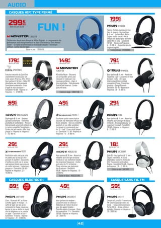 42
CASQUES HIFI TYPE FERMÉ
CASQUES BLUETOOTH CASQUE SANS FIL FM
AUDIO
FUN !
Existe en blanc : M1MKIIWH.
Fidelio : finition aluminium et cuir
haut de gamme - Haut-parleurs
Ø 40 mm - Système Bass Reflex -
Coques double couche - Micro
intégré avec bouton pour décrocher -
Câble OFC en tissu - Sensibilité
107 dB - Réponse en fréquence :
6 - 28 000 Hz - Disponible dans les
magasins agréés.
M1MKIIBK
19990
€
Dont éco-part. 0,05€
Evolution naturelle du Spirit One
unanimement reconnu pour son
rendu sonore (Prix Eisa 2012-2013) -
Haut-parleurs Ø 40 mm - Câble OFC
détachable avec télécommande
Smartphone universelle - Prise
d'appel et micro incorporé -
Sensibilité 104 dB - Réponse en
fréquence : 5 - 22 000 Hz.
SPIRITONES
17990
€
Dont éco-part. 0,05€
Diaphragme Ø 40 mm - Bandeau
ajustable confortable - Oreillettes
pivotantes et confortables - Micro et
télécommande universelle intégrés sur
le cordon compatible Smartphones -
Cordon plat anti-nœuds - Mini Jack
plaqué or - Réponse en fréquence :
5 - 252 000 Hz.
MDRZX660APB
6999
€
Dont éco-part. 0,01€
Restitution audio précise et riche
en graves pour un son à la fois
puissant et équilibré - Coussinets
d'oreilles en simili-cuir et arceau
spécialement étudié pour procurer
un confort optimum - Connecteurs
plaqués or - Sensibilité 108 dB -
Réponse en fréquence : 21 -
18 000 Hz.
HD201
2999
€
Dont éco-part. 0,04€
Choix : Bluetooth NFC ou filaire -
Contrôle appels et musique : il
suffit de taper une fois sur la
commande de chaque coque pour
baisser le son ou mettre en pause
afin de téléphoner ou de prendre
un appel - Coussinets en cuir -
Autonomie : 9 heures - Réponse
en fréquence : 20 - 20 000 Hz.
SHB7150FB
8999
€
Dont éco-part. 0,05€
Existe en rouge : 128527-00.
NCrédible Ntune - Découvrez
un son équilibré, précis pour
réécouter et redécouvrir vos
musiques préférées - Léger et
très confortable - Télécommande
ControlTalk Universal - Cordon
plat anti nœud.
128509-00
14990
€
Dont éco-part. 0,05€
Excellente qualité sonore tout en
assurant une atténuation efficace des
bruits ambiants - Avec son oreillette
pivotante et son câble unilatéral,
ce casque est recommandé pour
les DJ - Jack 3,5 mm stéréo plaqué
or - Sensibilité 112 dB - Réponse en
fréquence : 14 - 20 000 Hz.
HD205-2
4999
€
Dont éco-part. 0,04€
Existe en blanc : MDRZX310W.
Haut-parleurs Ø 30 mm - Aimant en
néodyme pour une ligne de basse
renforcée et une restitution limpide
des moyennes fréquences - Cordon
plat coloré de 1,2 m bilatéral -
Pliage astucieux par pivotement
des écouteurs - Sensibilité
98 dB - Réponse en fréquence : 10 -
24 000 Hz.
MDRZX310B
2999
€
Dont éco-part. 0,01€
Haut-parleurs en néodyme -
Coussinets doux en similicuir -
Réduction de l'écho et du bruit
pour des appels limpides -
Contrôle appels et musique - Durée
de conversation : 9 h - Sensibilité
100 dB - Réponse en fréquence
20 - 20000 Hz.
SHB4000/10
4999
€
Dont éco-part. 0,05€
Haut-parleurs Ø 40 mm - Membrane
Tangential Edge - Coussinets en fibre
de nylon - Câble 1,2 m avec
télécommande/micro intégré
compatible iPhone - Connecteur
plaqué or - Design Diamant -
Sensibilité 105 dB - Réponse en
fréquence : 20 - 20 000 Hz.
HPHM82BL
7999
€
Dont éco-part. 0,10€
Haut-parleurs Ø 40 mm - Aimant en
néodyme pour une ligne de basse
renforcée - Arceau pliable pour un
rangement compact - Sensibilité
105 dB - Réponse en fréquence :
8 - 23 000 Hz.
FS3BK
2999
€
Dont éco-part. 0,05€
Existe en noir : SHL3000.
Style DJ - Haut-parleurs Ø 32 mm -
Coques orientables et arceau
adaptable à toutes les formes de
tête - Coussinets confortables -
Pliable - Sensibilité 106 dB - Réponse
en fréquence : 20 - 22 000 Hz.
SHL3000WT
1899
€
Dont éco-part. 0,05€
Casque HiFi sans fil - Transmission
FM sans fil (passe à travers les
murs) - 2 canaux de transmission -
Portée 100 m - Arceau intérieur
réglable - Réponse en fréquences :
10 - 20000 Hz.
SHC5111
5999
€
Dont éco-part. 0,92€
29990
€
Dont éco-part. 0,05€
Existe en noir : 128554-00.
Collaboration réussie entre Monster et Adidas Originals, ce casque associe des
performances audio exceptionnelles à un style ultra-tendance - Pure Monster
Sound®
- Se replie facilement dans sa housse de transport - Technologie
antibruit - Control Talk for Apple.
128553-00
BluetoothTM
NFC
 