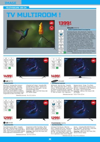 8
TÉLÉVISEURS 139 CM
IMAGE
TV MULTIROOM !
139cm
Dalle IPS 4K - Technologie Ultra Luminance -
Picture Mastering Index 1500 - Compatible
HEVC 4K60p - Traitement d'image Tru ULTRA
HD Engine - Tuner Satellite DVB-S2 intégré -
Smart TV avec interface WebOS 2.0, navigateur
Internet, Applications et Reconnaissance vocale -
Enregistrement via USB et Time Shifting - WiFi
et Bluetooth apt-X intégrés - Compatible DLNA,
Intel WiDi, Miracast et HbbTV - Système de son
Ultra Surround - Pied ruban argenté - Livré avec
télécommande Magic Control.
Connectique : HDMI 2.0 (x3) / YUV / Péritel / USB
(x3) / Ethernet / Optique
55UF778V
Upscaler Ultra HD 4K
Dimensions écran seul : 124 x 72,2 x 5,67 cm
149900
€
Dont éco-part. 4,00€
WIFI
Intégré
Puissance
2 x 10 W
TV
Connectée
LED
Edge local
énergie A+
UHD 4 K
2160p
Fluidité
1500 Hz
UHD-Dimming - Dalle Ultra Clear - Compatible
HEVC - Picture Quality Index 1400 Hz - Contrast
Enhancer - UHD Upscaling Engine : profitez de tous
vos contenus en résolution Ultra HD - Processeur
Quad Core + - Système d'exploitation TIZEN - Smart
TV : Mode Foot complet + Jeux + Applications +
Navigateur Internet - Partage : TV sur Mobile,
Mobile sur TV, Smart View 2.0, Allumage sans fil et
WiFi direct - Enregistrement via USB - Bluetooth et
WiFi intégrés - Son DTS Premium Audio.
Connectique : HDMI (x4) / YUV / Ethernet / USB
(x3) / Optique
UE55JU6800
Technologie Nano Crystal Color
Dimensions écran seul : 124,26 x 71,84 x 6,32 cm
149900
€
Dont éco-part. 4,00€
WIFI
Intégré
Puissance
2 x 10 W
TV
ConnectéeLED
énergie A+
UHD 4 K
2160p
Fluidité
1400 Hz
Picture Mastering Index 1000 Hz - Compatible
HEVC 4K60p - Traitement d'image Tru ULTRA HD
Engine - Upscaler Ultra HD - Tuner Satellite DVB-S2
intégré - Smart TV avec interface WebOS, navigateur
Internet, Applications et Reconnaissance vocal -
Enregistrement via USB et Time Shifting - WiFi et
Bluetooth intégrés - Compatible DLNA, Intel WiDi,
Miracast et HbbTV - Système de son Ultra Surround.
Connectique : HDMI 2.0 (x2) / YUV / Péritel / USB /
Ethernet / Optique
55UF680V
Upscaler Ultra HD 4K
Dimensions écran seul : 124 x 72,2 x 5,67 cm
129900
€
Dont éco-part. 4,00€
WIFI
Intégré
Puissance
2 x 10 W
TV
Connectée
LED
Edge local
énergie A+
UHD 4 K
2160p
Fluidité
1000 Hz
Technologie 3D Full HD active - Wide Color
Gamut - Compatible HEVC-H.265 - Traitement de
l'image Pure Image Ultra HD Engine - Fonction
Upscaling - Processeur Quad Core - Conversion
2D => 3D - Tuner Satellite DVB-S2 intégré - Smart
TV 2.0 : Applications, réseaux sociaux, navigateur
Internet... - Compatible DLNA, HbbTV, Miracast et
MHL - WiFi intégré - USB multimédia : lecture vidéo
HD/MP3/JPEG - Lunettes 3D en option.
Connectique : HDMI 2.0 (x4) / YUV / Péritel / VGA /
USB (x3) / Ethernet / Optique
55UA7706
Clear Motion Rate 800 Hz
Dimensions écran seul : 122,4 x 71,4 x 2,8 (5,6) cm
129900
€
Dont éco-part. 4,01€
WIFI
Intégré
Puissance
2 x 8 W
TV
ConnectéeLED
énergie A
UHD 4 K
2160p
Fluidité
800 Hz
139900
€
Dont éco-part. 4,00€
Technologie 3D passive - Micro-Dimming Pro - Traitement
de l'image Pixel Precise Ultra HD - Convertisseur 2D => 3D -
Technologie 800 Hz Perfect Motion Rate Ultra - Tuner Satellite
DVB-S2 intégré - Ambilight 2 côtés + hue intégrés : s'adapte à la
couleur du mur et à la distance par rapport au mur - Processeur
Quad Core - Système d'exploitation Androïd 5.0 Lollipop (mémoire
16 Go extensible via USB) avec navigateur Internet Chrome,
Google Play (applications ou Cloud TV) et Google Cast - TV
MultiRoom client et serveur : partager la télévision en direct
et des enregistrements entre téléviseurs - Compatible HbbTV
et SimplyShare - WiFi double bande intégré certifié Miracast -
Enregistrement via USB et Time Shifting - Son DTS Premium
Sound - Livré avec télécommande avec clavier intégré et 4 paires
de lunettes 3D passives.
Connectique : HDMI (x4) / Péritel / Ethernet / USB (x3) / Optique
55PUS7100
Système d'exploitation Androïd 5.0 avec Google Play
Dimensions écran seul : 123,9 x 71,5 x 3,7 cm
WIFI
Intégré
Puissance
2 x 10 W
TV
Connectée
LED
énergie A
UHD 4 K
2160p
Fluidité
800 Hz
139cm
139cm 138cm
Ambilight
 