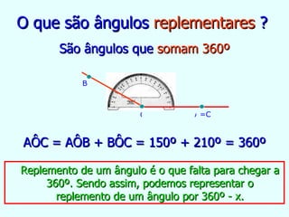 O que são ângulos  replementares  ? São ângulos que  somam 360º AÔC = AÔB + BÔC = 150º + 210º = 360º Replemento de um ângulo é o que falta para chegar a 360º. Sendo assim, podemos representar o replemento de um ângulo por 360º - x. O =C A B 