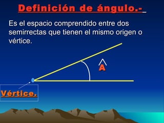 Definición de ángulo.-   Es el espacio comprendido entre dos semirrectas que tienen el mismo origen o vértice. Vértice. A 