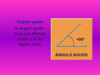 Ángulo agudo : un ángulo agudo tiene una abertura menor a la del ángulo recto. 