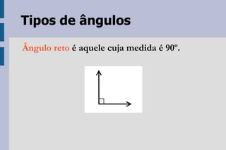 Tipos de ângulos Ângulo reto  é aquele cuja medida é 90º. 