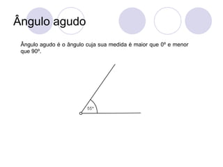 Ângulo agudo
 Ângulo agudo é o ângulo cuja sua medida é maior que 0º e menor
 que 90º.
 