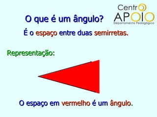 O que é um ângulo?
    É o espaço entre duas semirretas.

Representação:




   O espaço em vermelho é um ângulo.
 