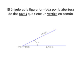 El ángulo es la figura formada por la abertura
 de dos rayos que tiene un vértice en común
 