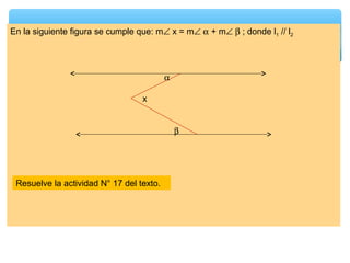 En la siguiente figura se cumple que: m∠ x = m∠ α + m∠ β ; donde l1 // l2




                                          α

                                  x


                                              β




 Resuelve la actividad N° 17 del texto.
 