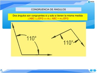 Inicio




                CONGRUENCIA DE ÁNGULOS

Dos ángulos son congruentes si y solo si tienen la misma medida
             ∠ABC ≅∠EFG ⇔ m∠ ABC = m∠EFG
 