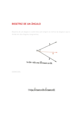 BISSETRIZ DE UM ÂNGULO


Bissetriz de um ângulo é a simi-reta com origem no vértice do ângulo e que o
divide em dois ângulos congruentes.




EXERCÍCIOS
 