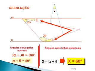 11/10/13
3α + 3θ = 180°
α + θ = 60°α + θ = 60°
Ângulos entre línhas poligonais
X = α + θ X = 60°X = 60°
RESOLUÇÃO
α
2α
x
m
n
θ
2θ
x
Ângulos conjugados
internos
 