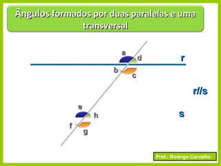 Prof.: Rodrigo Carvalho
ÂngulosÂngulos formados por duas paralelas e umaformados por duas paralelas e uma
transversaltransversal
rr
ss
r//sr//s
dd
bb
cc
aa
ff
hh
ee
gg
 