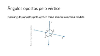 Ângulos opostos pelo vértice
Dois ângulos opostos pelo vértice terão sempre a mesma medida
 