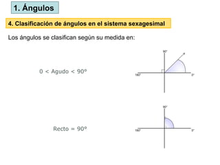 Los ángulos se clasifican según su medida en:
0 < Agudo < 90°
Recto = 90°
1. Ángulos
4. Clasificación de ángulos en el sistema sexagesimal
 