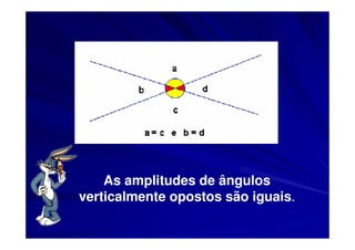 As amplitudes de ângulos
verticalmente opostos são iguais.
 