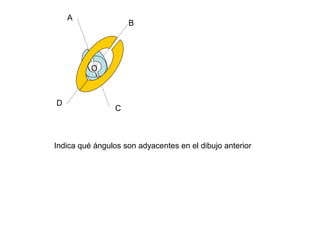 A
O
B
C
D
Indica qué ángulos son adyacentes en el dibujo anterior
 