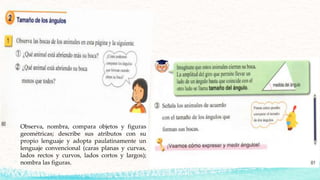 Observa, nombra, compara objetos y figuras
geométricas; describe sus atributos con su
propio lenguaje y adopta paulatinamente un
lenguaje convencional (caras planas y curvas,
lados rectos y curvos, lados cortos y largos);
nombra las figuras.
 