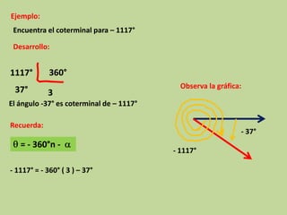 Ejemplo:
 Encuentra el coterminal para – 1117°

 Desarrollo:


1117°        360°
                                            Observa la gráfica:
 37°        3
El ángulo -37° es coterminal de – 1117°

Recuerda:
                                                              - 37°
   = - 360°n -
                                          - 1117°

- 1117° = - 360° ( 3 ) – 37°
 