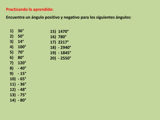 Practicando lo aprendido:
Encuentra un ángulo positivo y negativo para los siguientes ángulos:


  1)    36°            15)   1470°
  2)    50°            16)   780°
  3)    14°            17)   2217°
  4)    100°           18)   - 2940°
  5)    70°            19)   - 1845°
  6)    80°            20)   - 2550°
  7)    120°
  8)    - 40°
  9)    - 15°
  10)   - 65°
  11)   - 36°
  12)   - 48°
  13)   - 75°
  14)   - 80°
 