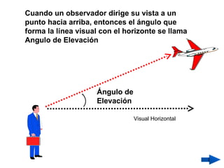 Cuando un observador dirige su vista a un
punto hacia arriba, entonces el ángulo que
forma la línea visual con el horizonte se llama
Angulo de Elevación




                    Ángulo de
                    Elevación

                                Visual Horizontal
 