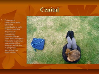 CCeenniittaall 
 CCoollooccaammooss llaa 
ccáámmaarraa ddeessddee aarrrriibbaa,, 
ttoottaallmmeennttee 
ppeerrppeennddiiccuullaarr aall ssuueelloo.. 
EEll áánngguulloo cceenniittaall eess 
mmuuyy uussaaddoo eenn 
pprroodduucccciioonneess 
cciinneemmaattooggrrááffiiccaass oo 
ttoommaass ddeessddee hheelliiccóópptteerroo 
ppaarraa ggrraabbaarr eexxtteennssiioonneess 
mmuuyy aammpplliiaass.. OO llooss 
mmaappaass ppoorr ssaattéélliittee ssoonn 
eell eejjeemmpplloo mmááss 
rreepprreesseennttaattiivvoo ddee 
áánngguulloo cceenniittaall.. 
 