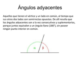 Ángulos adyacentes 
Aquellos que tienen el vértice y un lado en común, al tiempo que 
sus otros dos lados son semirrectas opuestas. De allí resulta que 
los ángulos adyacentes son a la vez consecutivos y suplementarios, 
porque juntos equivalen a un ángulo llano (180°), sin poseer 
ningún punto interior en común. 
 