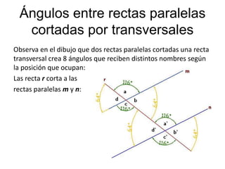 Ángulos entre rectas paralelas 
cortadas por transversales 
Observa en el dibujo que dos rectas paralelas cortadas una recta 
transversal crea 8 ángulos que reciben distintos nombres según 
la posición que ocupan: 
Las recta r corta a las 
rectas paralelas m y n: 
 