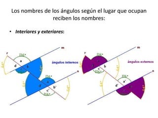 Los nombres de los ángulos según el lugar que ocupan 
reciben los nombres: 
• Interiores y exteriores: 
 