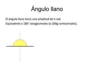 Ángulo llano 
El ángulo llano tiene una amplitud de π rad. 
Equivalente a 180° sexagesimales (o 200g centesimales). 
 