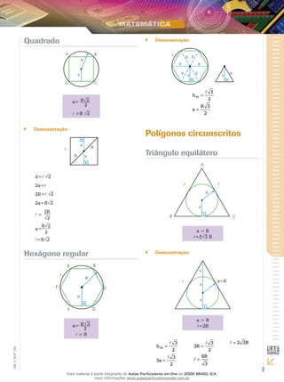9
EM_V_MAT_026
Quadrado
a= 2
2
R
=R 2
Demonstração:``
d= 2
2a=
2R= 2
2a=R 2
2
2R
=
a=
2
R 2
=R 2
Hexágono regular
a= 3R
2
= R
Demonstração:``
=
=

TE
3
h
2
R 3
a
2
Polígonos circunscritos
Triângulo equilátero
a = R
=2 3 R
Demonstração:``
a=R
a = R
=2R
=
=


TE
3
h
2
3
3a
2
=
=


3
3R
2
6R
3
= 2 3R
Esse material é parte integrante do Aulas Particulares on-line do IESDE BRASIL S/A,
mais informações www.aulasparticularesiesde.com.br
 