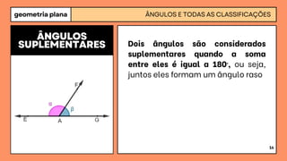 geometria plana ÂNGULOS E TODAS AS CLASSIFICAÇÕES
16
Dois ângulos são considerados
suplementares quando a soma
entre eles é igual a 180º, ou seja,
juntos eles formam um ângulo raso
ÂNGULOS
SUPLEMENTARES
 
