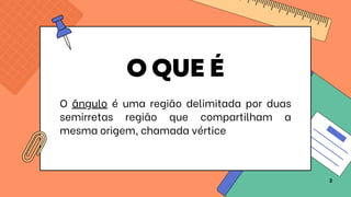O QUE É
O ângulo é uma região delimitada por duas
semirretas região que compartilham a
mesma origem, chamada vértice
2
 