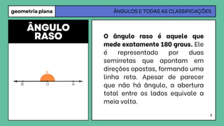 geometria plana
ÂNGULO
RASO
ÂNGULOS E TODAS AS CLASSIFICAÇÕES
O ângulo raso é aquele que
mede exatamente 180 graus. Ele
é representado por duas
semirretas que apontam em
direções opostas, formando uma
linha reta. Apesar de parecer
que não há ângulo, a abertura
total entre os lados equivale a
meia volta.
7
 