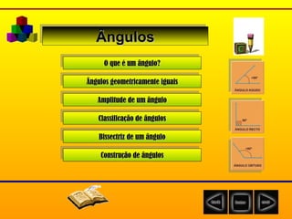 Ângulos O que é um ângulo? Ângulos geometricamente iguais Amplitude de um ângulo Classificação de ângulos Bissectriz de um ângulo Construção de ângulos 