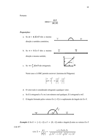 10
Portanto
⃗⃗ ⃗⃗
|⃗⃗ | |⃗⃗ |
Proposições:
a. Se ⃗⃗ ⃗⃗ têm a mesma
direção e sentidos contrários;
b. Se ⃗ têm a mesma
direção e mesmo sentido;
c. Se ⃗⃗ ⃗⃗ são ortogonais.
Neste caso o Δ OBC permite escrever: (teorema de Pitágoras)
d. O vetor nulo é considerado ortogonal a qualquer vetor.
e. Se ⃗ é ortogonal a e m é um número real qualquer, ⃗ é ortogonal a .
f. O ângulo formado pelos vetores ⃗ é o suplemento do ângulo de ⃗ .
Exemplo 1: Se ⃗ e então o ângulo β entre os vetores ⃗
é de 45°.
 
