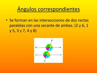 Ángulos correspondientes
• Se forman en las intersecciones de dos rectas
  paralelas con una secante de ambas. (2 y 6, 1
  y 5, 3 y 7, 4 y 8)
 