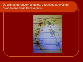 Os alunos aprendem ângulos, equações através do
colorido das retas transversais...
 