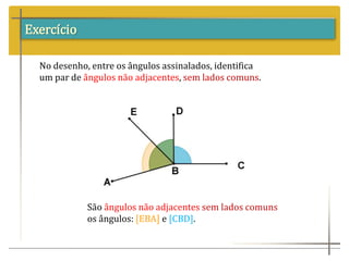 Exercício
No desenho, entre os ângulos assinalados, identifica
um par de ângulos não adjacentes, sem lados comuns.
São ângulos não adjacentes sem lados comuns
os ângulos: [EBA] e [CBD].
 