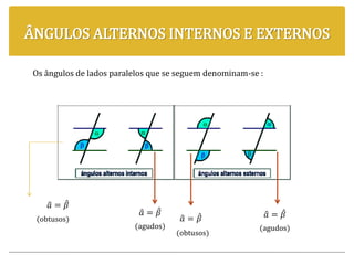 ÂNGULOS ALTERNOS INTERNOS E EXTERNOS
Os ângulos de lados paralelos que se seguem denominam-se :
𝑎 = 𝛽
(obtusos)
𝑎 = 𝛽
(agudos)
𝑎 = 𝛽
(obtusos)
𝑎 = 𝛽
(agudos)
 