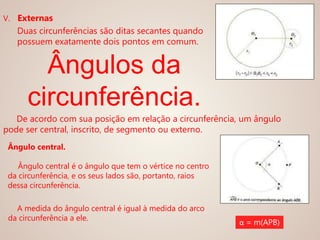 De acordo com sua posição em relação a circunferência, um ângulo
pode ser central, inscrito, de segmento ou externo.
V. Externas
Duas circunferências são ditas secantes quando
possuem exatamente dois pontos em comum.
Ângulo central.
Ângulo central é o ângulo que tem o vértice no centro
da circunferência, e os seus lados são, portanto, raios
dessa circunferência.
A medida do ângulo central é igual à medida do arco
da circunferência a ele.
Ângulos da
circunferência.
α = m(APB)
 