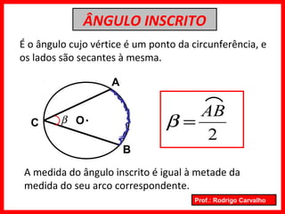 Prof.: Rodrigo Carvalho
ÂNGULO INSCRITO
É o ângulo cujo vértice é um ponto da circunferência, e
os lados são secantes à mesma.
O.
A medida do ângulo inscrito é igual à metade da
medida do seu arco correspondente.
B
A
C β
2
AB
=β
 