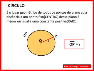 Prof.: Rodrigo Carvalho
- CÍRCULO
É o lugar geométrico de todos os pontos do plano cuja
distância a um ponto fixo(CENTRO) desse plano é
menor ou igual a uma constante positiva(RAIO).
P
.
δ
rO
OP = r
 