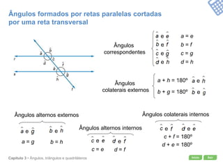 Início SairCapítulo 3 • Ângulos, triângulos e quadriláteros
Ângulos
correspondentes
a = e
b = f
c = g
d = h
Ângulos
colaterais externos
a + h = 180º
b + g = 180º
Ângulos alternos externos
a = g b = h
Ângulos alternos internos
c = e d = f
Ângulos colaterais internos
c + f = 180º
d + e = 180º
Ângulos formados por retas paralelas cortadas
por uma reta transversal
e
e
e
e
e
e
e
e
e
e e e
 