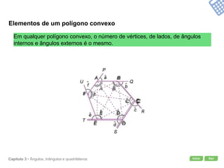 Início SairCapítulo 3 • Ângulos, triângulos e quadriláteros
Elementos de um polígono convexo
Em qualquer polígono convexo, o número de vértices, de lados, de ângulos
internos e ângulos externos é o mesmo.
 