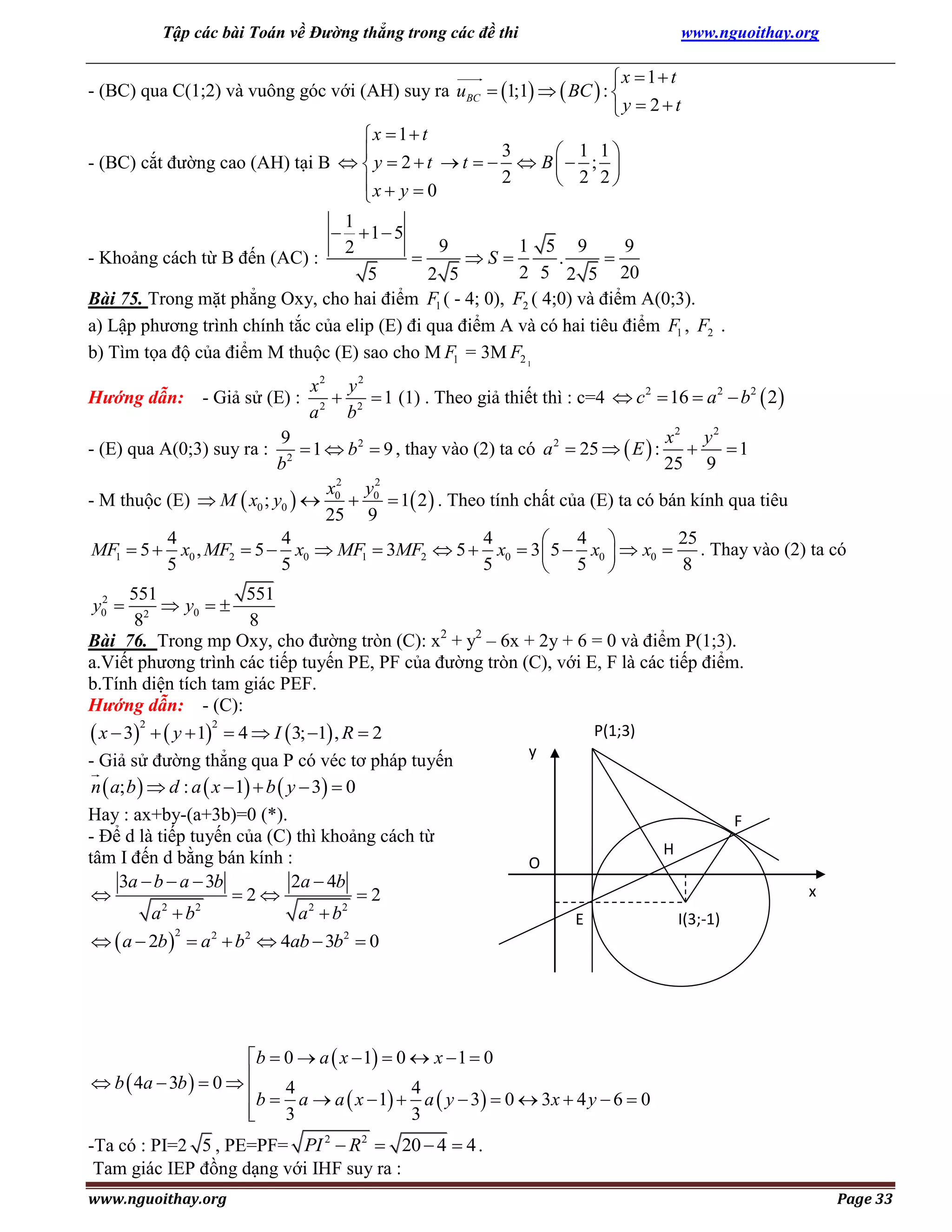 Tập các bài Toán về Đường thẳng trong các đề thi

www.nguoithay.org

x  1 t
- (BC) qua C(1;2) và vuông góc với (AH) suy ra uBC  1;1   BC  : 
y  2 t
x  1 t
3

 1 1
- (BC) cắt đường cao (AH) tại B   y  2  t  t    B   ; 
2
 2 2
x  y  0

1
 1 5
9
1 5 9
9
2
- Khoảng cách từ B đến (AC) :

S 
.

2 5 2 5 20
5
2 5
Bài 75. Trong mặt phẳng Oxy, cho hai điểm F1 ( - 4; 0), F2 ( 4;0) và điểm A(0;3).
a) Lập phương trình chính tắc của elip (E) đi qua điểm A và có hai tiêu điểm F1 , F2 .
b) Tìm tọa độ của điểm M thuộc (E) sao cho M F1 = 3M F2 1

x2 y 2
 2  1 (1) . Theo giả thiết thì : c=4  c 2  16  a 2  b2  2 
2
a
b
x2 y 2
9
2
2
- (E) qua A(0;3) suy ra : 2  1  b  9 , thay vào (2) ta có a  25   E  : 
1
25 9
b
x2 y 2
- M thuộc (E)  M  x0 ; y0   0  0  1 2  . Theo tính chất của (E) ta có bán kính qua tiêu
25 9
4
4
4
4 
25

MF1  5  x0 , MF2  5  x0  MF1  3MF2  5  x0  3  5  x0   x0  . Thay vào (2) ta có
5
5
5
5 
8

Hướng dẫn: - Giả sử (E) :

551
551
 y0  
2
8
8
Bài 76. Trong mp Oxy, cho đường tròn (C): x2 + y2 – 6x + 2y + 6 = 0 và điểm P(1;3).
a.Viết phương trình các tiếp tuyến PE, PF của đường tròn (C), với E, F là các tiếp điểm.
b.Tính diện tích tam giác PEF.
Hướng dẫn: - (C):
2
2
P(1;3)
 x  3   y  1  4  I  3; 1 , R  2
y
- Giả sử đường thẳng qua P có véc tơ pháp tuyến
n  a; b   d : a  x  1  b  y  3  0
Hay : ax+by-(a+3b)=0 (*).
F
- Để d là tiếp tuyến của (C) thì khoảng cách từ
H
tâm I đến d bằng bán kính :
O
3a  b  a  3b
2a  4b

2
2
a 2  b2
a 2  b2
I(3;-1)
E
2
y0 

x

  a  2b   a 2  b2  4ab  3b2  0
2

b  0  a  x  1  0  x  1  0
 b  4a  3b   0  
b  4 a  a  x  1  4 a  y  3  0  3x  4 y  6  0

3
3


-Ta có : PI=2 5 , PE=PF= PI 2  R2  20  4  4 .
Tam giác IEP đồng dạng với IHF suy ra :
www.nguoithay.org

Page 33

 