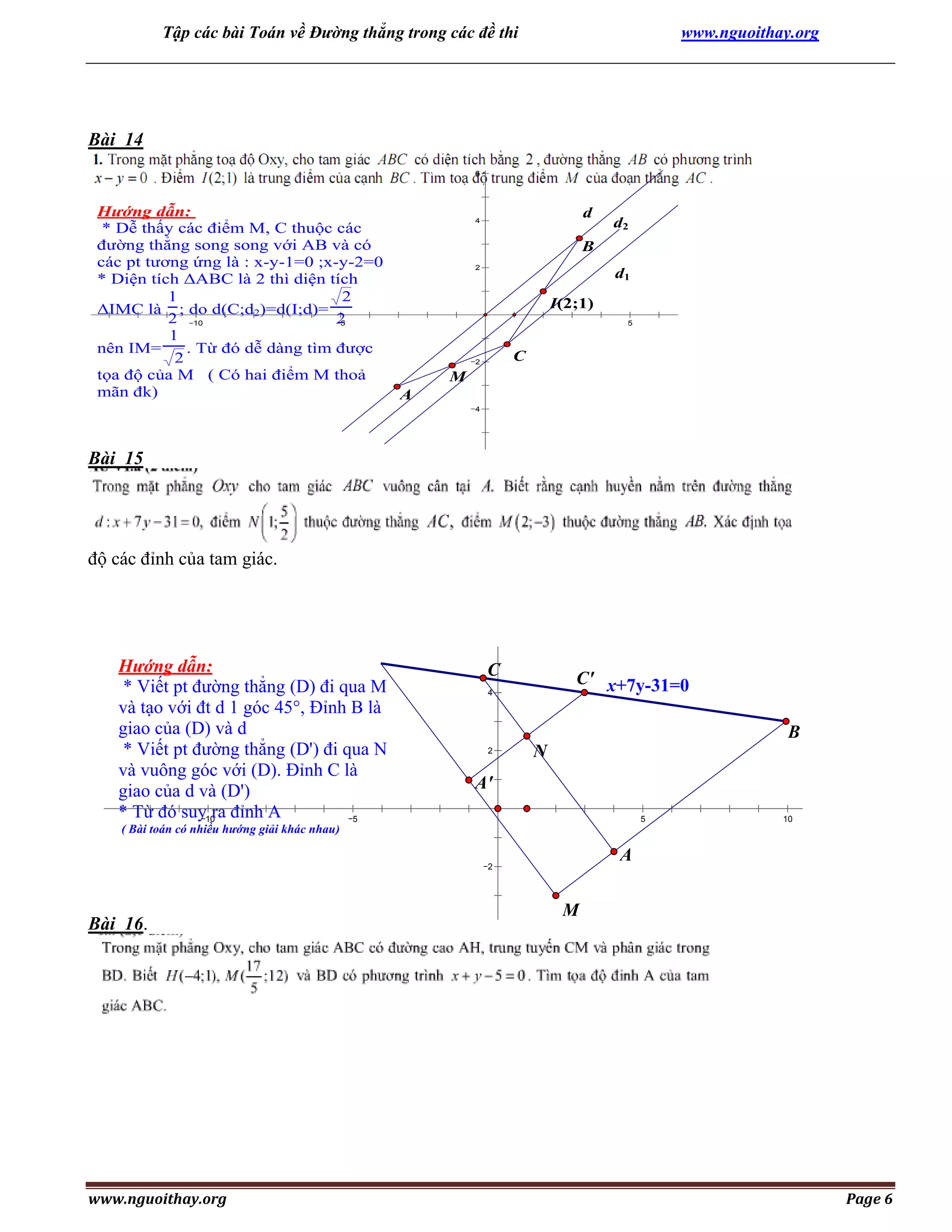 Tập các bài Toán về Đường thẳng trong các đề thi

www.nguoithay.org

8

Bài 14
6

Hướng dẫn:
* Dễ thấy các điểm M, C thuộc các
đường thẳng song song với AB và có
các pt tương ứng là : x-y-1=0 ;x-y-2=0
* Diện tích ΔABC là 2 thì diện tích
1
2
ΔIMC là ; do d(C;d2)=d(I;d)=
2 10
2
5
1
nên IM=
. Từ đó dễ dàng tìm được
2
tọa độ của M ( Có hai điểm M thoả
mãn đk)

d

4

d2

B
2

d1
I(2;1)
5

10

C

2

M
A
4

Bài 15

6

8

10

độ các đỉnh của tam giác.
8

6

Hướng dẫn:
* Viết pt đường thẳng (D) đi qua M
và tạo với đt d 1 góc 45°, Đỉnh B là
giao của (D) và d
* Viết pt đường thẳng (D') đi qua N
và vuông góc với (D). Đỉnh C là
giao của d và (D')
* Từ đó suy10ra đỉnh A
5

C

C' x+7y-31=0

4

B
2

N

A'
5

( Bài toán có nhiều hướng giải khác nhau)

A

2

Bài 16.

10

M
4

6

www.nguoithay.org

Page 6

 