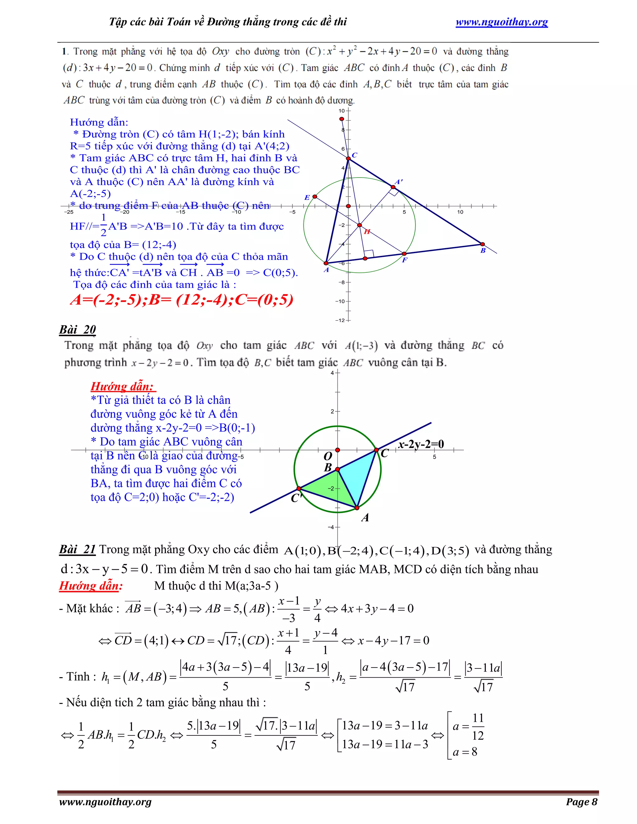 Tập các bài Toán về Đường thẳng trong các đề thi

www.nguoithay.org

16

14

12

10

Hướng dẫn:
* Đường tròn (C) có tâm H(1;-2); bán kính
R=5 tiếp xúc với đường thẳng (d) tại A'(4;2)
* Tam giác ABC có trực tâm H, hai đỉnh B và
C thuộc (d) thì A' là chân đường cao thuộc BC
và A thuộc (C) nên AA' là đường kính và
A(-2;-5)
* do trung 20
điểm F của 15
AB thuộc (C) nên
25
10
5
1
HF//= A'B =>A'B=10 .Từ đây ta tìm được
2
tọa độ của B= (12;-4)
* Do C thuộc (d) nên tọa độ của C thỏa mãn
hệ thức:CA' =tA'B và CH . AB =0 => C(0;5).
Tọa độ các đỉnh của tam giác là :

8

6

C
4

A'

2

E
5

10

15

2

H
4

B
F

6

A
8

A=(-2;-5);B= (12;-4);C=(0;5)

10

12

Bài 20

6

4

Hướng dẫn:
*Từ giả thiết ta có B là chân
đường vuông góc kẻ từ A đến
dường thẳng x-2y-2=0 =>B(0;-1)
* Do tam giác ABC vuông cân
10
tại B nên C là giao của đường 5
thẳng đi qua B vuông góc với
BA, ta tìm được hai điểm C có
tọa độ C=2;0) hoặc C'=-2;-2)

2

C

O
B

x-2y-2=0
5

10

2

C'
A
4

Bài 21 Trong mặt phẳng Oxy cho các điểm A 1;0 , B  2; 4 , C  1; 4 , D  3;5 và đường thẳng

d : 3x  y  5  0 . Tìm điểm M trên d sao cho hai tam6 giác MAB, MCD có diện tích bằng nhau
Hướng dẫn:

M thuộc d thi M(a;3a-5 )

x 1 y 8
  4x  3y  4  0
3
4
x 1 y  4
 CD   4;1  CD  17;  CD  :

 x  4 y  17  0
4
1
4a  3  3a  5  4 13a  19
a  4  3a  5   17 3  11a
- Tính : h1   M , AB  

, h2 

5
5
17
17
- Nếu diện tich 2 tam giác bằng nhau thì :
11

5. 13a  19
17. 3  11a
13a  19  3  11a
1
1
 a  12
 AB.h1  CD.h2 



2
2
5
17
13a  19  11a  3  a  8


- Mặt khác : AB   3; 4   AB  5,  AB  :

www.nguoithay.org

Page 8

 