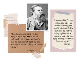 “ Sau lao động và cùng với lao
động là ngôn ngữ. Đó là hai sự
kích thích chủ yếu của sự chuyển
biến bộ não loài vật thành bộ não
loài người, từ tâm lí động vật thành
ý thức ’’
- Engels -
“ Lao động là điều kiện
cơ bản đầu tiên của
toàn bộ đời sống loài
người, và như thế đến
một mức độ và trên
một ý nghĩa nào đó,
chúng ta phải nói: lao
động đã sáng tạo ra bản
thân con người ”
- Engles -
 