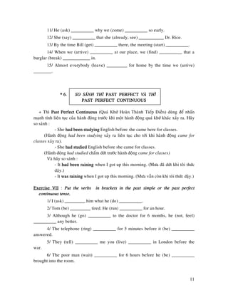 11
11/ He (ask) __________ why we (come) __________ so early.
12/ She (say) __________ that she (already, see) ___________ Dr. Rice.
13/ By the time Bill (get) __________ there, the meeting (start) __________.
14/ When we (arrive) __________ at our place, we (find) __________ that a
burglar (break) ____________ in.
15/ Almost everybody (leave) _________ for home by the time we (arrive)
________.
* 6.* 6.* 6.* 6. SO SAÙNH THÌSO SAÙNH THÌSO SAÙNH THÌSO SAÙNH THÌ PAST PERFECTPAST PERFECTPAST PERFECTPAST PERFECT VAØ THÌVAØ THÌVAØ THÌVAØ THÌ
PAST PERFECT CONTINUOUSPAST PERFECT CONTINUOUSPAST PERFECT CONTINUOUSPAST PERFECT CONTINUOUS
+ Thì Past Perfect ContinuousPast Perfect ContinuousPast Perfect ContinuousPast Perfect Continuous (Quaù Khöù Hoaøn Thaønh Tieáp Dieãn) duøng ñeå nhaán
maïnh tính lieân tuïc cuûa haønh ñoäng tröôùc khi moät haønh ñoäng quaù khöù khaùc xaûy ra. Haõy
so saùnh :
- She had been studyinghad been studyinghad been studyinghad been studying English before she came here for classes.
(Haønh ñoäng had been studying xaûy ra lieân tuïc cho tôùi khi haønh ñoäng came for
classes xaûy ra).
- She had studiedhad studiedhad studiedhad studied English before she came for classes.
(Haønh ñoäng had studied chaám döùt tröôùc haønh ñoäng came for classes)
Vaø haõy so saùnh :
- It had been raininghad been raininghad been raininghad been raining when I got up this morning. (Möa ñaõ döùt khi toâi thöùc
daäy.)
- It was rainingwas rainingwas rainingwas raining when I got up this morning. (Möa vaãn coøn khi toâi thöùc daäy.)
Exercise VIIExercise VIIExercise VIIExercise VII : Put the verbs in brackets in the past simple or the past perfectPut the verbs in brackets in the past simple or the past perfectPut the verbs in brackets in the past simple or the past perfectPut the verbs in brackets in the past simple or the past perfect
continuous tense.continuous tense.continuous tense.continuous tense.
1/ I (ask) _________ him what he (do) __________.
2/ Tom (be) _________ tired. He (run) __________ for an hour.
3/ Although he (go) __________ to the doctor for 6 months, he (not, feel)
__________ any better.
4/ The telephone (ring) __________ for 5 minutes before it (be) __________
answered.
5/ They (tell) __________ me you (live) __________ in London before the
war.
6/ The poor man (wait) __________ for 6 hours before he (be) __________
brought into the room.
 