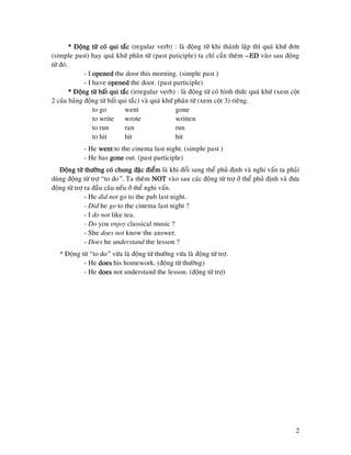 2
* Ñoäng töø coù qui taéc* Ñoäng töø coù qui taéc* Ñoäng töø coù qui taéc* Ñoäng töø coù qui taéc (regular verb) : laø ñoäng töø khi thaønh laäp thì quaù khöù ñôn
(simple past) hay quaù khöù phaân töø (past paticiple) ta chæ caàn theâm ––––EDEDEDED vaøo sau ñoäng
töø ñoù.
- I openedopenedopenedopened the door this morning. (simple past )
- I have openedopenedopenedopened the door. (past participle)
* Ñoäng töø baát qui taéc* Ñoäng töø baát qui taéc* Ñoäng töø baát qui taéc* Ñoäng töø baát qui taéc (irregular verb) : laø ñoäng töø coù hình thöùc quaù khöù (xem coät
2 cuûa baûng ñoäng töø baát qui taéc) vaø quaù khöù phaân töø (xem coät 3) rieâng.
to go went gone
to write wrote written
to run ran run
to hit hit hit
- He wentwentwentwent to the cinema last night. (simple past )
- He has gonegonegonegone out. (past participle)
Ñoäng töø thöôøng coù chung ñaëc ñieåmÑoäng töø thöôøng coù chung ñaëc ñieåmÑoäng töø thöôøng coù chung ñaëc ñieåmÑoäng töø thöôøng coù chung ñaëc ñieåm laø khi ñoåi sang theå phuû ñònh vaø nghi vaán ta phaûi
duøng ñoäng töø trôï “to do”. Ta theâm NOTNOTNOTNOT vaøo sau caùc ñoäng töø trôï ôû theå phuû ñònh vaø ñöa
ñoäng töø trôï ra ñaàu caâu neáu ôû theå nghi vaán.
- He did not go to the pub last night.
- Did he go to the cinema last night ?
- I do not like tea.
- Do you enjoy classical music ?
- She does not know the answer.
- Does he understand the lesson ?
* Ñoäng töø “to do” vöøa laø ñoäng töø thöôøng vöøa laø ñoäng töø trôï.
- He doesdoesdoesdoes his homework. (ñoäng töø thöôøng)
- He doesdoesdoesdoes not understand the lesson. (ñoäng töø trôï)
 